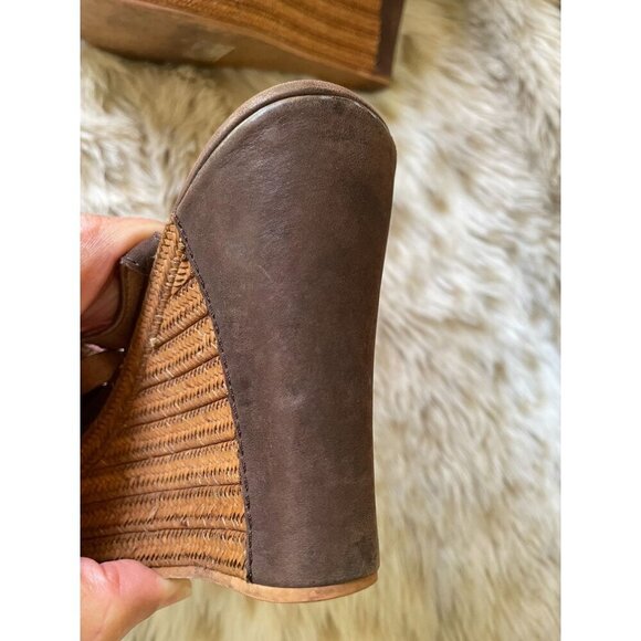 UGG Women's Leather & Woven Straw Wedge Espadrille Sandals Brown Size 7 - Picture 7 of 11